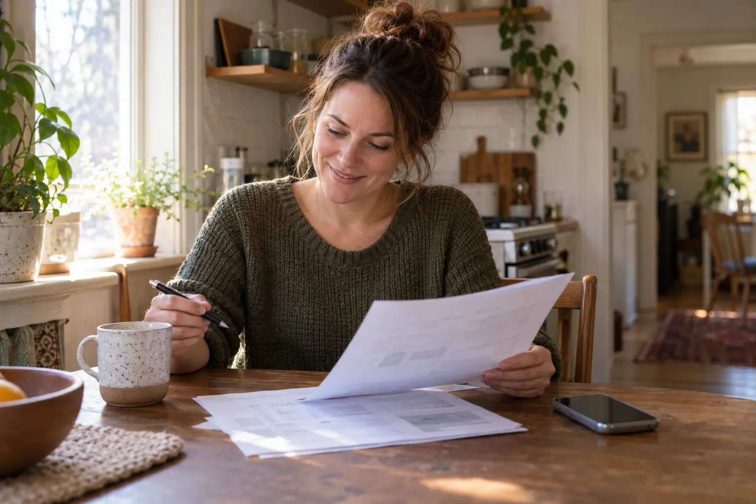 A homeowner reviewing a written plumbing quote at the kitchen table in the Hammonton area
